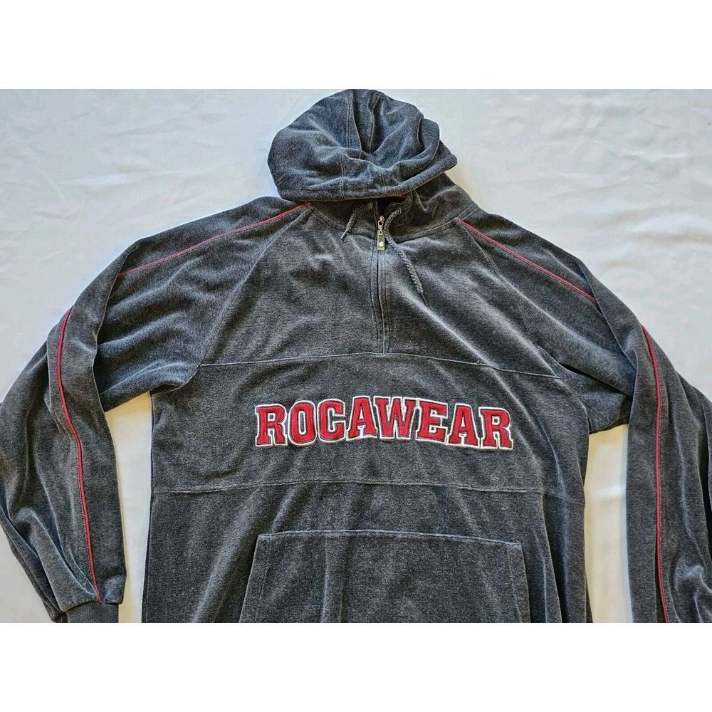 Vintage Y2K Rocawear XL 1/4 Zip Velour  Track‎ Jacket Grey Hip Hop Back Hit